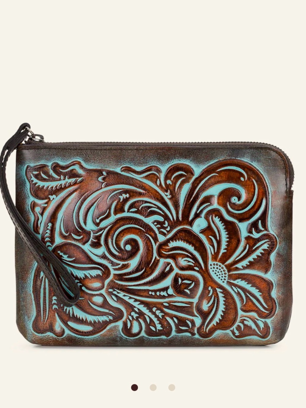 Patricia Nash Turquoise & Brown Tooled Leather Wristlet Clutch